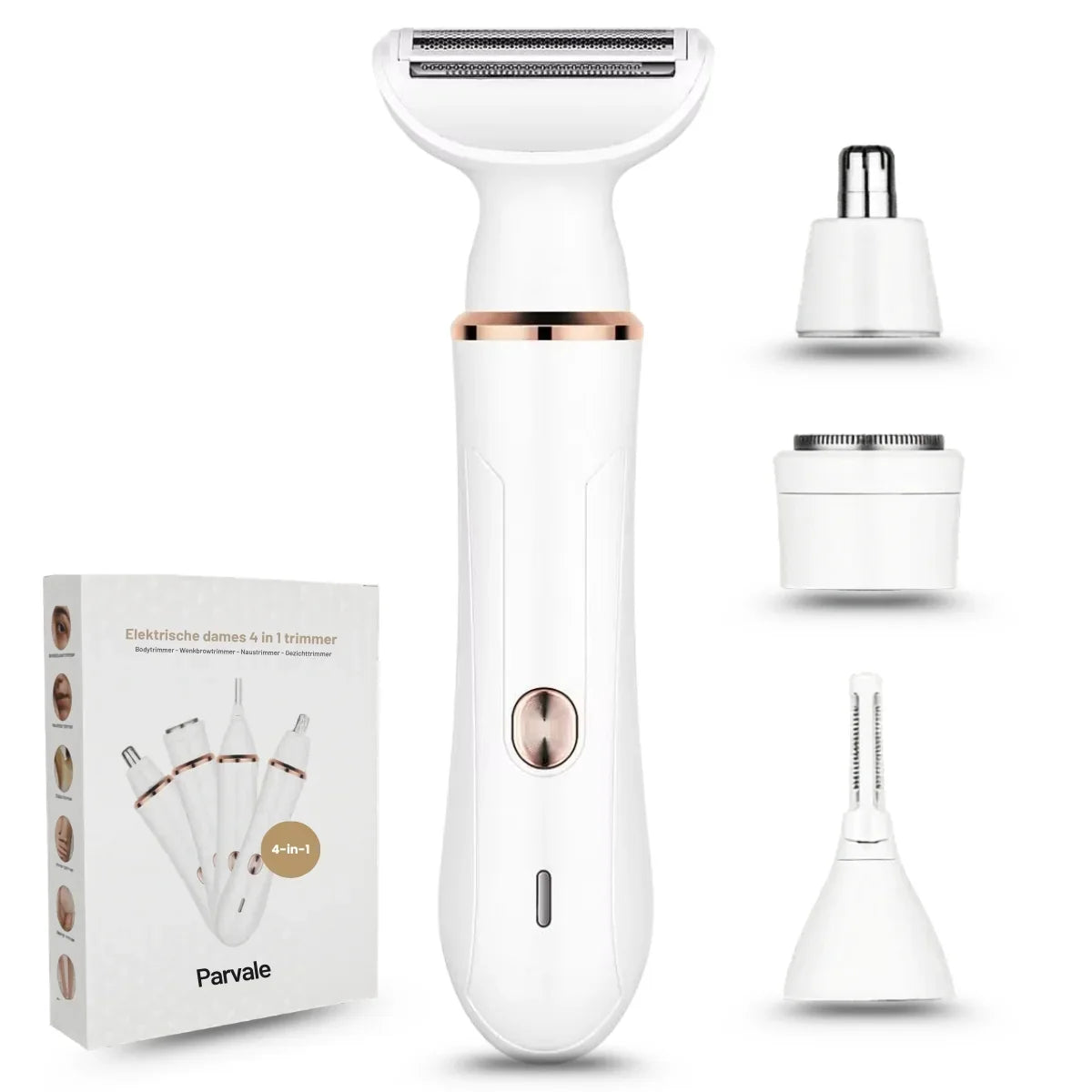 Parvale 4-in-1 electric women's trimmer set with white handle and interchangeable heads.