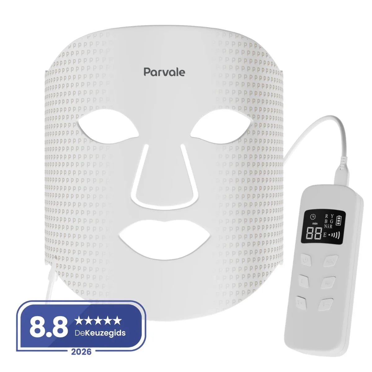 Parvale LED light therapy face mask with digital remote control for skincare.
